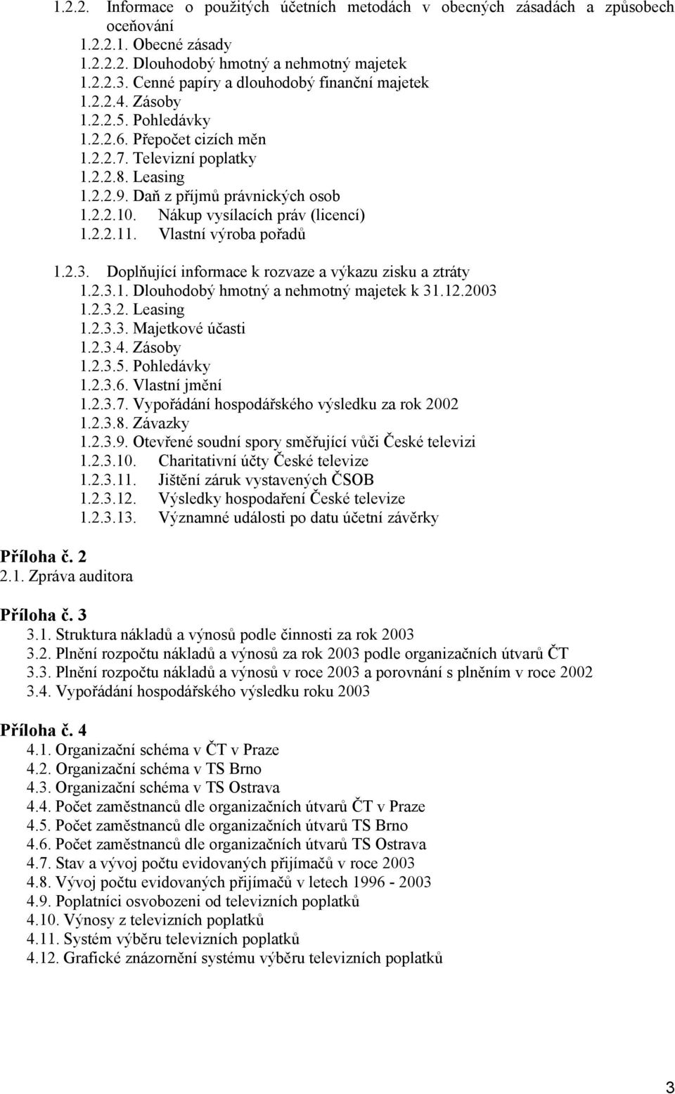 Nákup vysílacích práv (licencí) 1.2.2.11. Vlastní výroba pořadů 1.2.3. Doplňující informace k rozvaze a výkazu zisku a ztráty 1.2.3.1. Dlouhodobý hmotný a nehmotný majetek k 31.12.2003 1.2.3.2. Leasing 1.