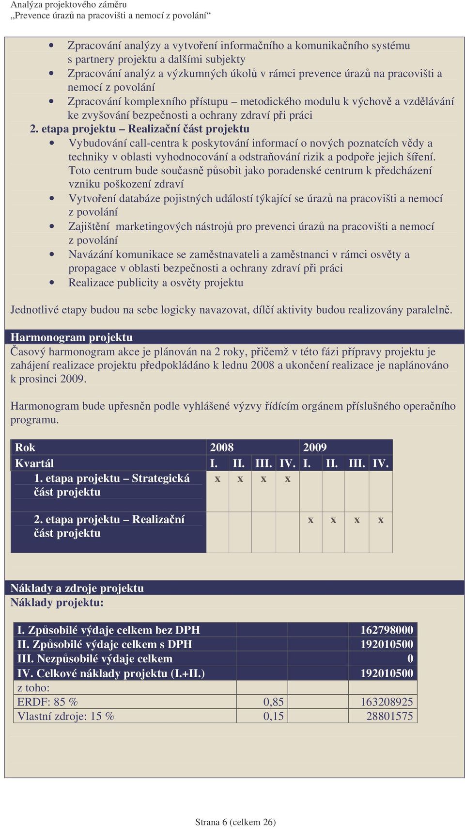 etapa projektu Realizaní ást projektu Vybudování call-centra k poskytování informací o nových poznatcích vdy a techniky v oblasti vyhodnocování a odstraování rizik a podpoe jejich šíení.