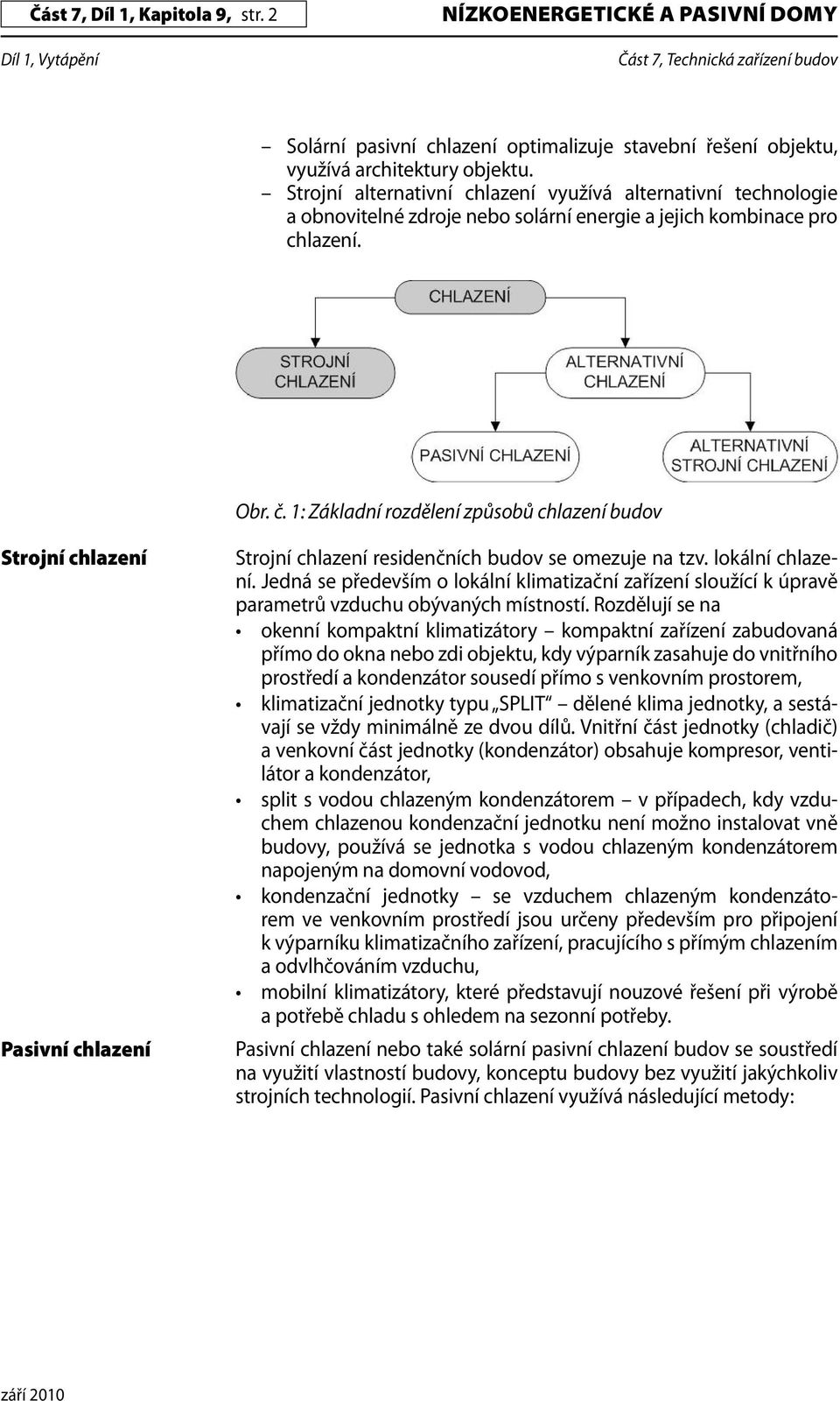 1: Základní rozdělení způsobů chlazení budov Strojní chlazení Pasivní chlazení Strojní chlazení residenčních budov se omezuje na tzv. lokální chlazení.