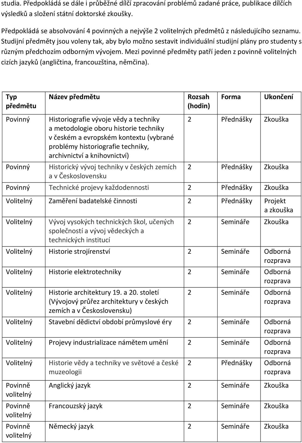 Studijní předměty jsou voleny tak, aby bylo možno sestavit individuální studijní plány pro studenty s různým předchozím odborným vývojem.