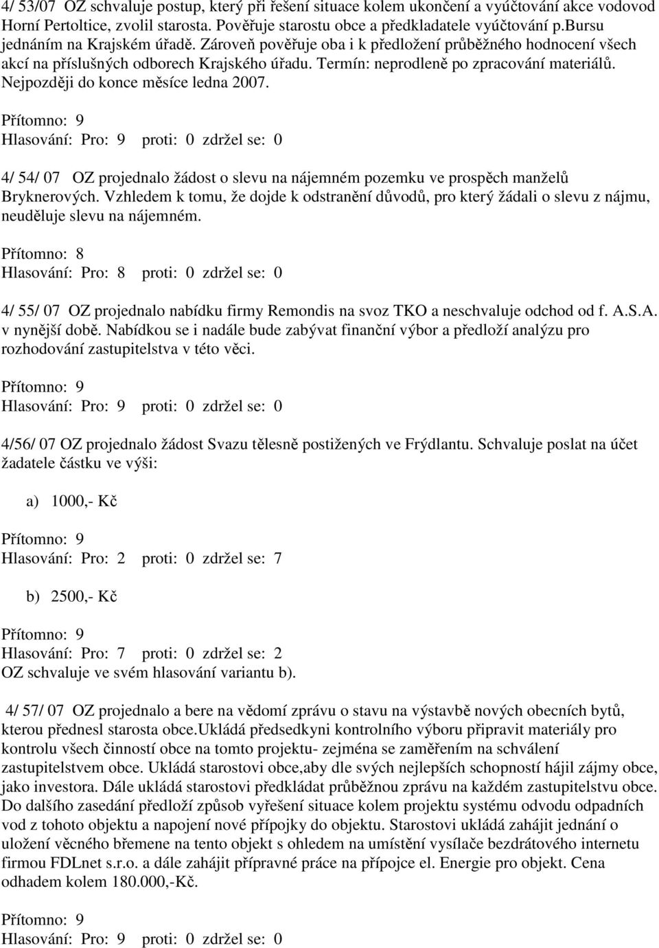 Nejpozději do konce měsíce ledna 2007. 4/ 54/ 07 OZ projednalo žádost o slevu na nájemném pozemku ve prospěch manželů Bryknerových.