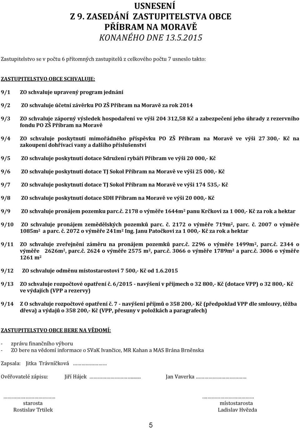 ZŠ Příbram na Moravě za rok 2014 9/3 ZO schvaluje záporný výsledek hospodaření ve výši 204 312,58 Kč a zabezpečení jeho úhrady z rezervního fondu PO ZŠ Příbram na Moravě 9/4 ZO schvaluje poskytnutí