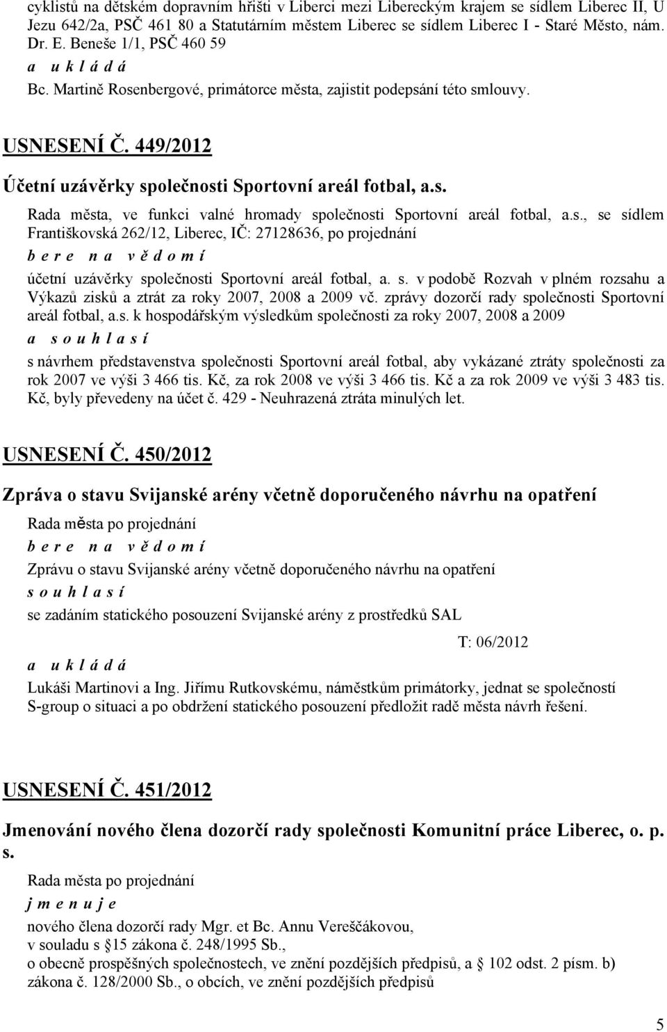 s., se sídlem Františkovská 262/12, Liberec, IČ: 27128636, po projednání bere na vě domí účetní uzávěrky společnosti Sportovní areál fotbal, a. s. v podobě Rozvah v plném rozsahu a Výkazů zisků a ztrát za roky 2007, 2008 a 2009 vč.