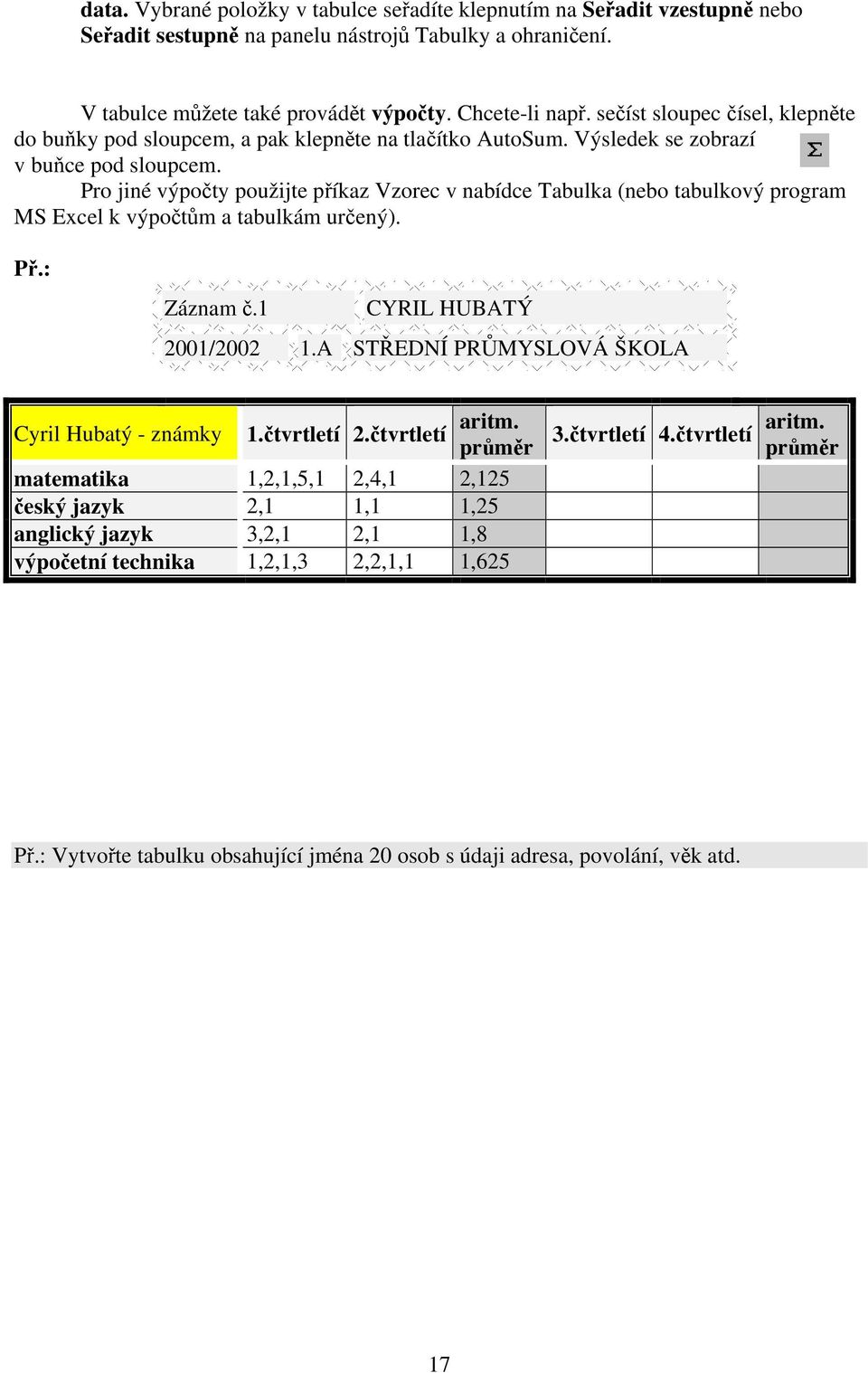 Pro jiné výpočty použijte příkaz Vzorec v nabídce Tabulka (nebo tabulkový program MS Excel k výpočtům a tabulkám určený). Př.: Záznam č.1 CYRIL HUBATÝ 2001/2002 1.