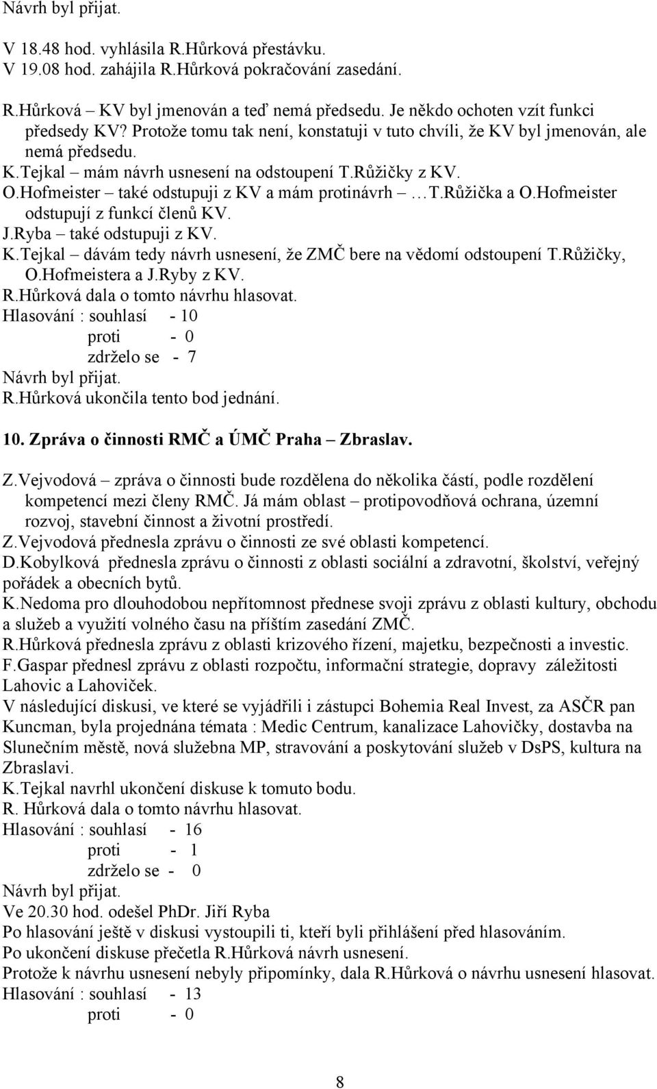 Růžička a O.Hofmeister odstupují z funkcí členů KV. J.Ryba také odstupuji z KV. K.Tejkal dávám tedy návrh usnesení, že ZMČ bere na vědomí odstoupení T.Růžičky, O.Hofmeistera a J.Ryby z KV. R.