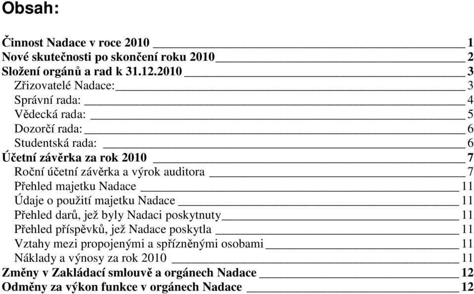 a výrok auditora 7 Přehled majetku Nadace 11 Údaje o použití majetku Nadace 11 Přehled darů, jež byly Nadaci poskytnuty 11 Přehled příspěvků, jež