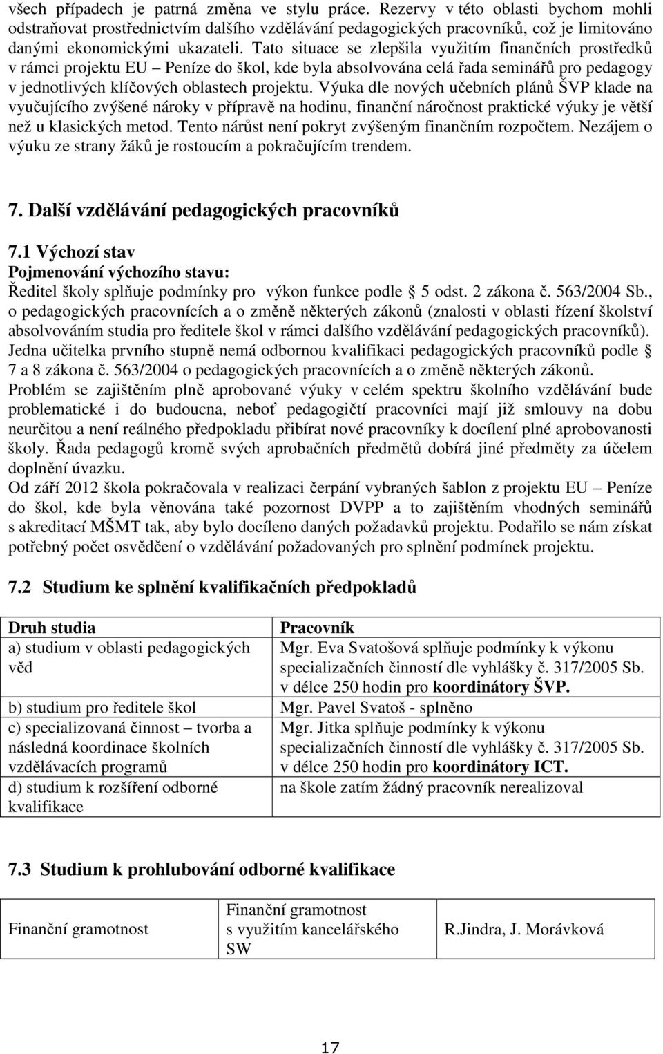 Tato situace se zlepšila využitím finančních prostředků v rámci projektu EU Peníze do škol, kde byla absolvována celá řada seminářů pro pedagogy v jednotlivých klíčových oblastech projektu.