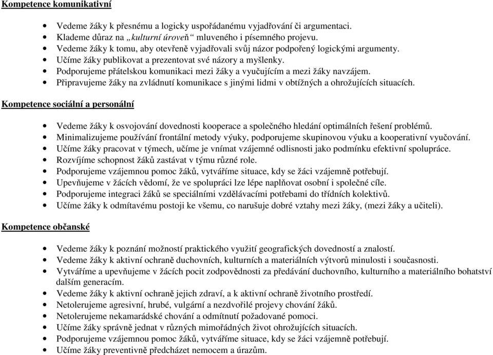 Podporujeme přátelskou komunikaci mezi žáky a vyučujícím a mezi žáky navzájem. Připravujeme žáky na zvládnutí komunikace s jinými lidmi v obtížných a ohrožujících situacích.