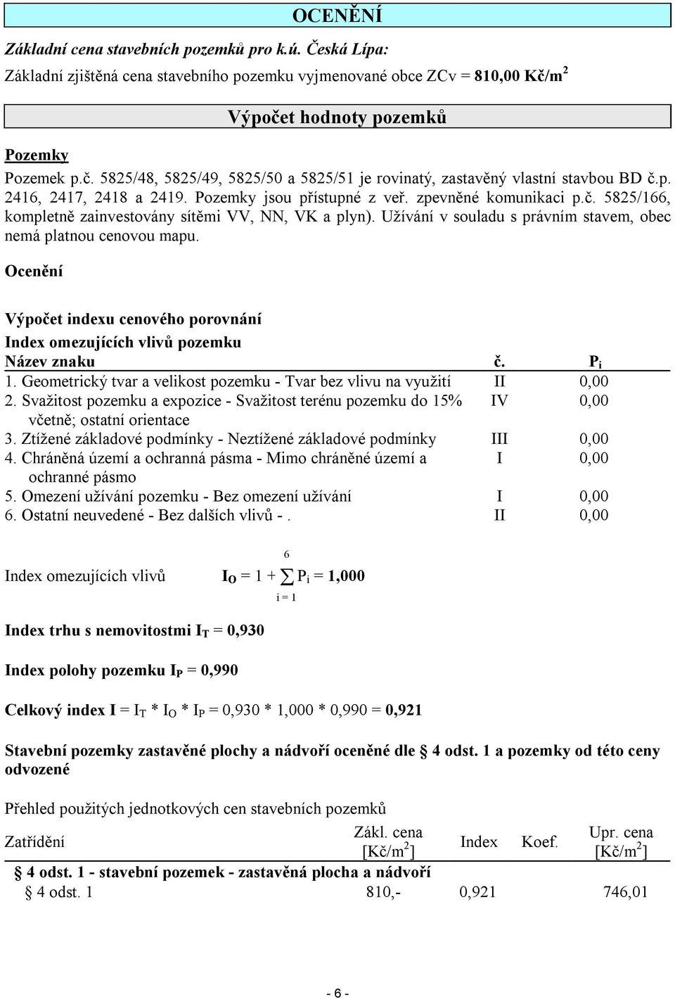 zpevněné komunikaci p.č. 5825/166, kompletně zainvestovány sítěmi VV, NN, VK a plyn). Užívání v souladu s právním stavem, obec nemá platnou cenovou mapu.