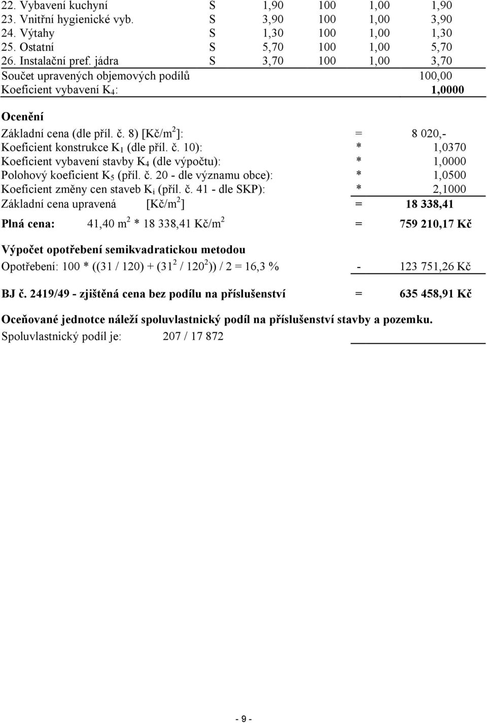 č. 10): * 1,0370 Koeficient vybavení stavby K 4 (dle výpočtu): * 1,0000 Polohový koeficient K 5 (příl. č.