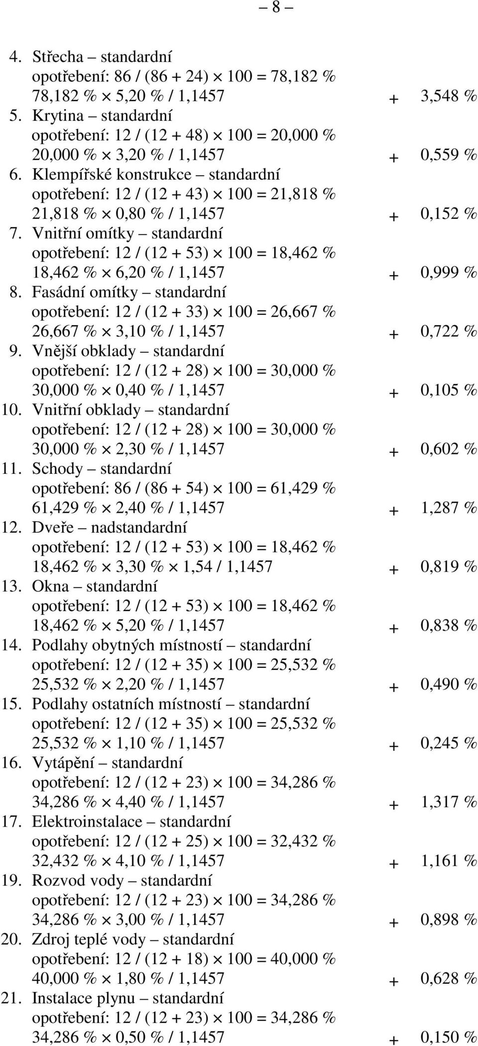 Klempířské konstrukce standardní opotřebení: 12 / (12 + 43) 100 = 21,818 % 21,818 % 0,80 % / 1,1457 + 0,152 % 7.