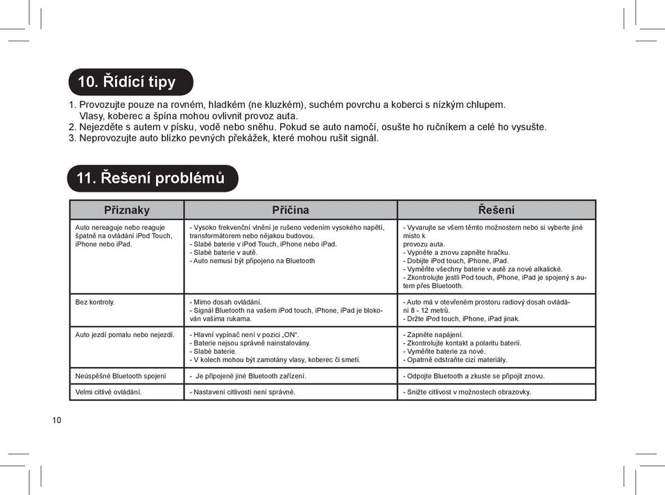 Řešení problémů Příznaky Příčina Řešení Auto nereaguje nebo reaguje špatně na ovládání ipod Touch, iphone nebo ipad. Bez kontroly. Auto jezdí pomalu nebo nejezdí.