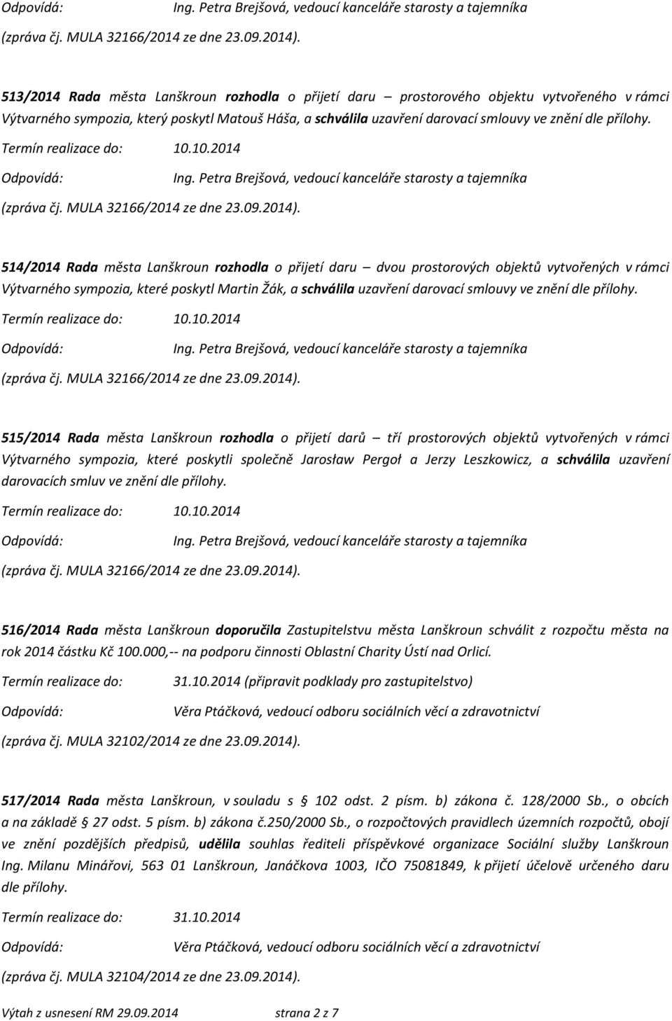 10.2014 514/2014 Rada města Lanškroun rozhodla o přijetí daru dvou prostorových objektů vytvořených v rámci Výtvarného sympozia, které poskytl Martin Žák, a schválila uzavření darovací smlouvy ve