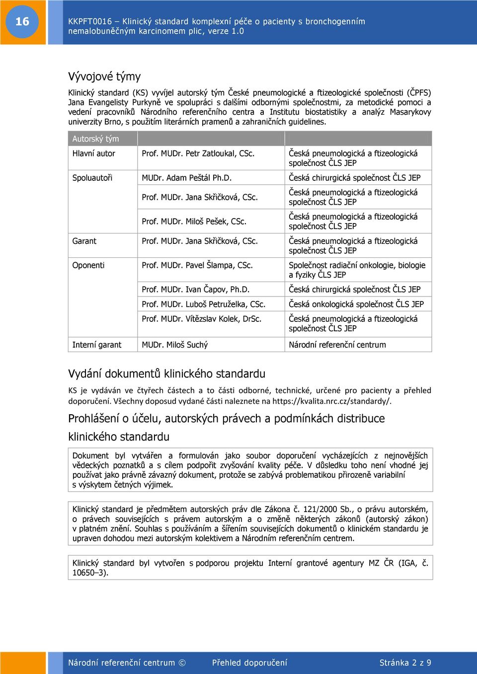 Autorský tým Hlavní autor Prof. MUDr. Petr Zatloukal, CSc. Česká pneumologická a ftizeologická Spoluautoři MUDr. Adam Peštál Ph.D. Česká chirurgická Prof. MUDr. Jana Skřičková, CSc. Prof. MUDr. Miloš Pešek, CSc.