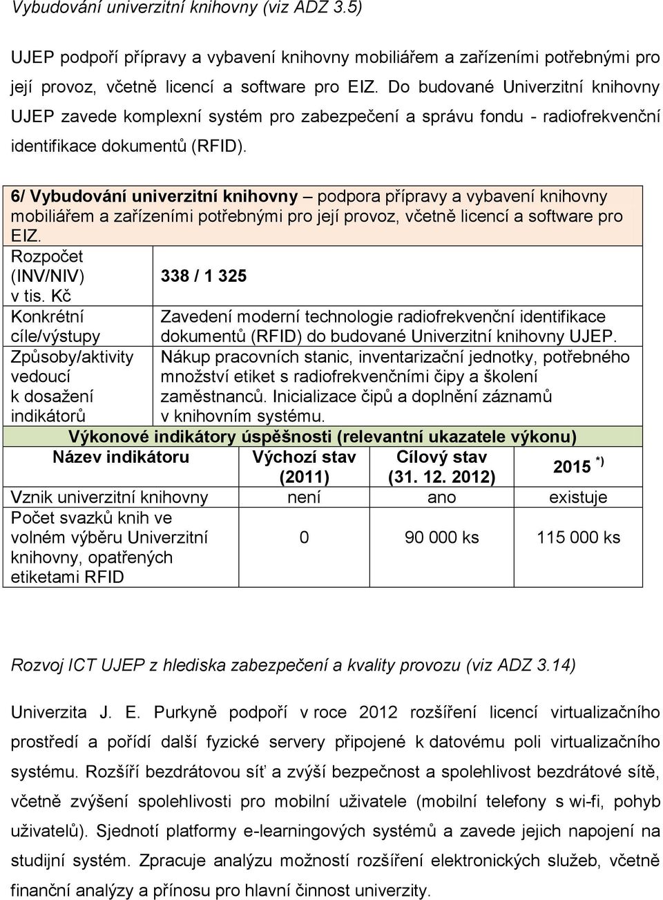 6/ Vybudování univerzitní knihovny podpora přípravy a vybavení knihovny mobiliářem a zařízeními potřebnými pro její provoz, včetně licencí a software pro EIZ.