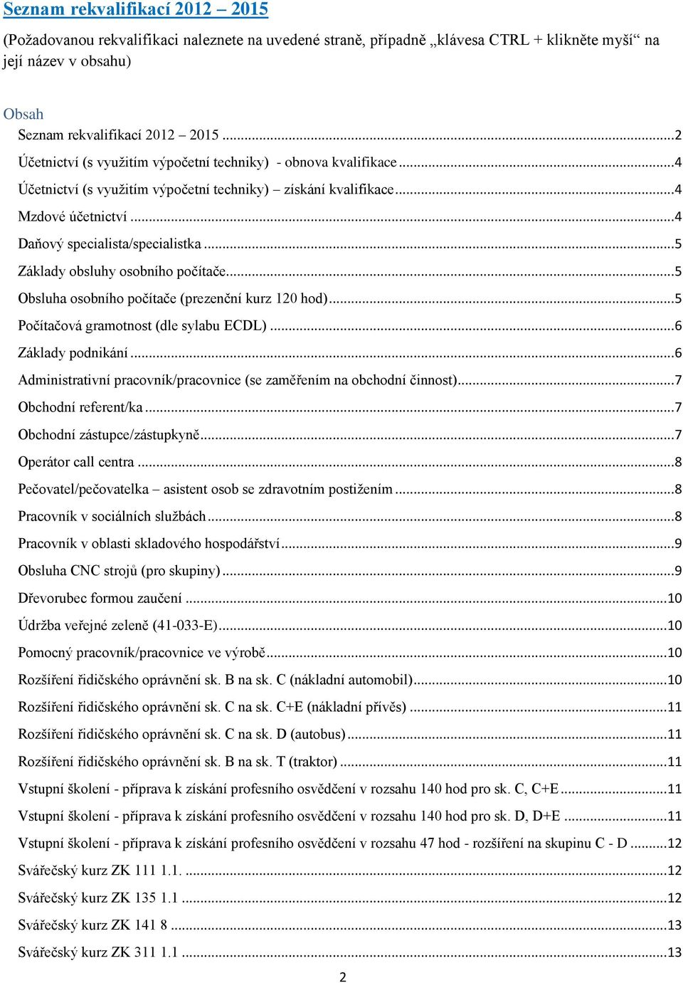 .. 5 Základy obsluhy osobního počítače... 5 Obsluha osobního počítače (prezenční kurz 120 hod)... 5 Počítačová gramotnost (dle sylabu ECDL)... 6 Základy podnikání.