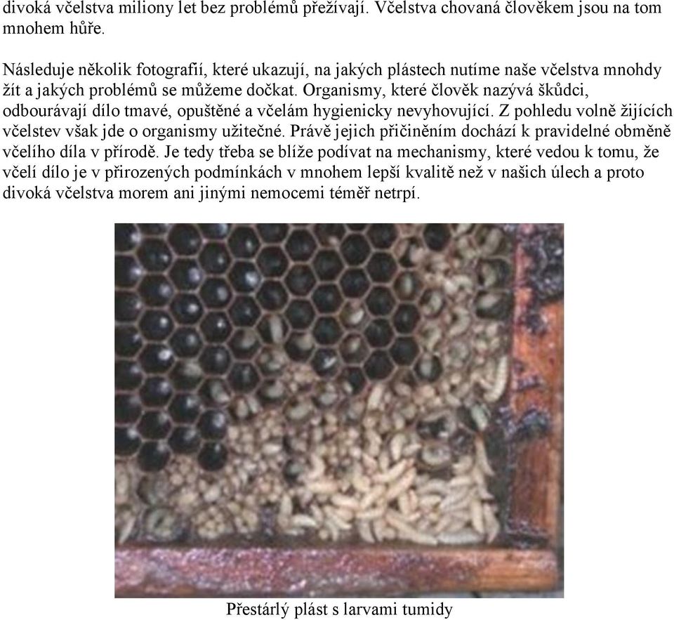 Organismy, které člověk nazývá škůdci, odbourávají dílo tmavé, opuštěné a včelám hygienicky nevyhovující. Z pohledu volně ţijících včelstev však jde o organismy uţitečné.