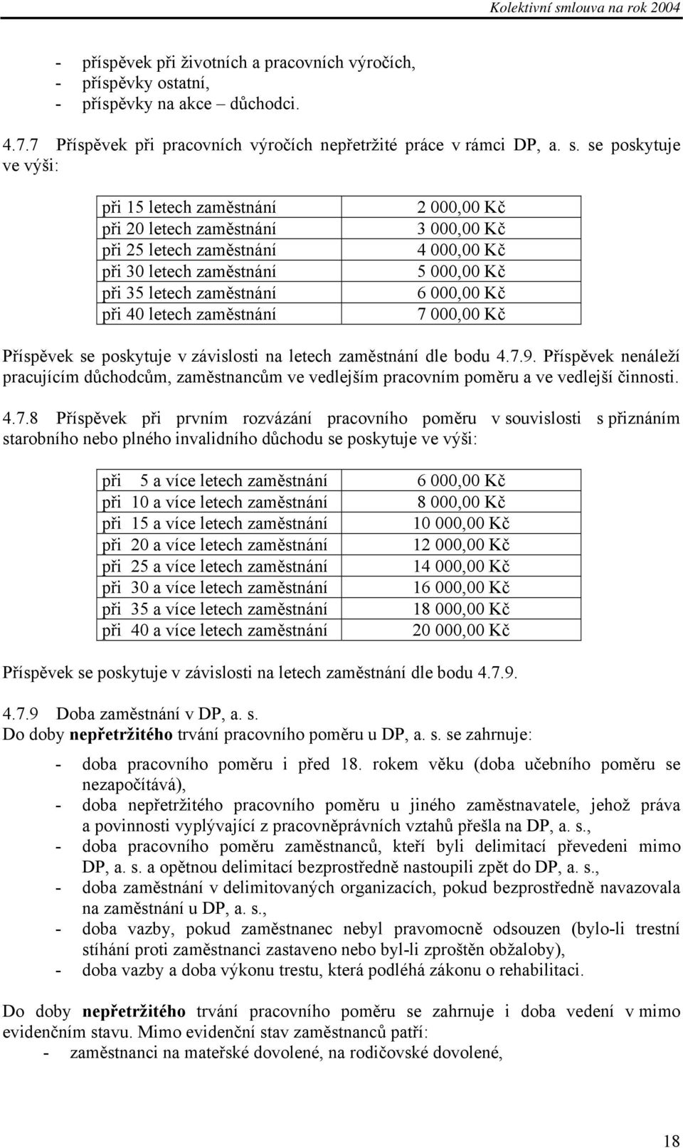 000,00 Kč 5 000,00 Kč 6 000,00 Kč 7 000,00 Kč Příspěvek se poskytuje v závislosti na letech zaměstnání dle bodu 4.7.9.