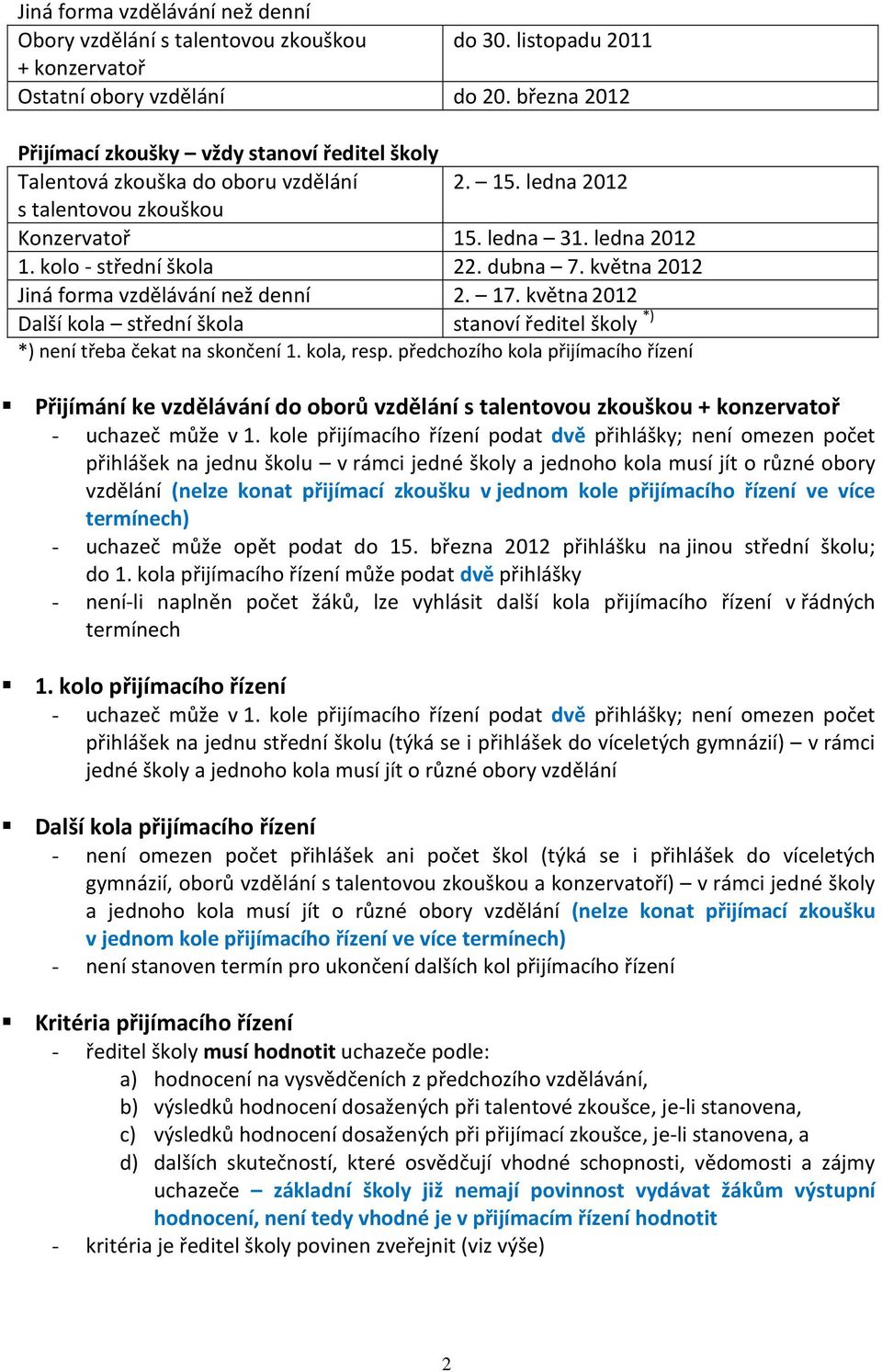 dubna 7. května 2012 Jiná forma vzdělávání než denní 2. 17. května2012 Další kola střední škola stanoví ředitel školy *) *) není třeba čekat na skončení 1. kola, resp.