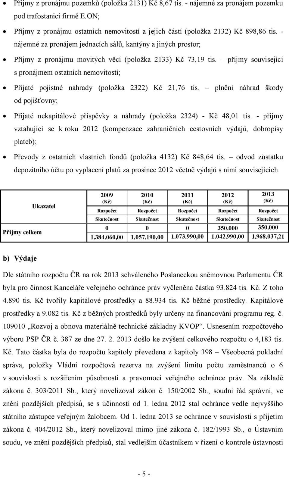 příjmy související s pronájmem ostatních nemovitostí; Přijaté pojistné náhrady (položka 2322) Kč 21,76 tis.