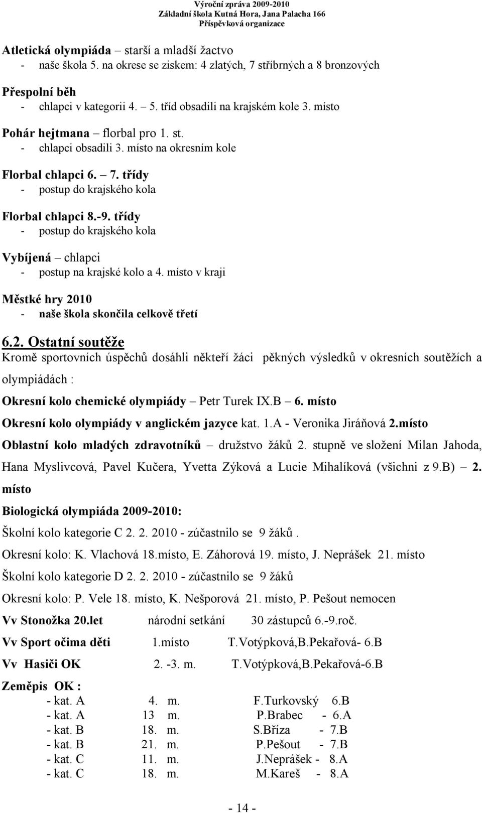 třídy - postup do krajského kola Vybíjená chlapci - postup na krajské kolo a 4. místo v kraji Městké hry 20