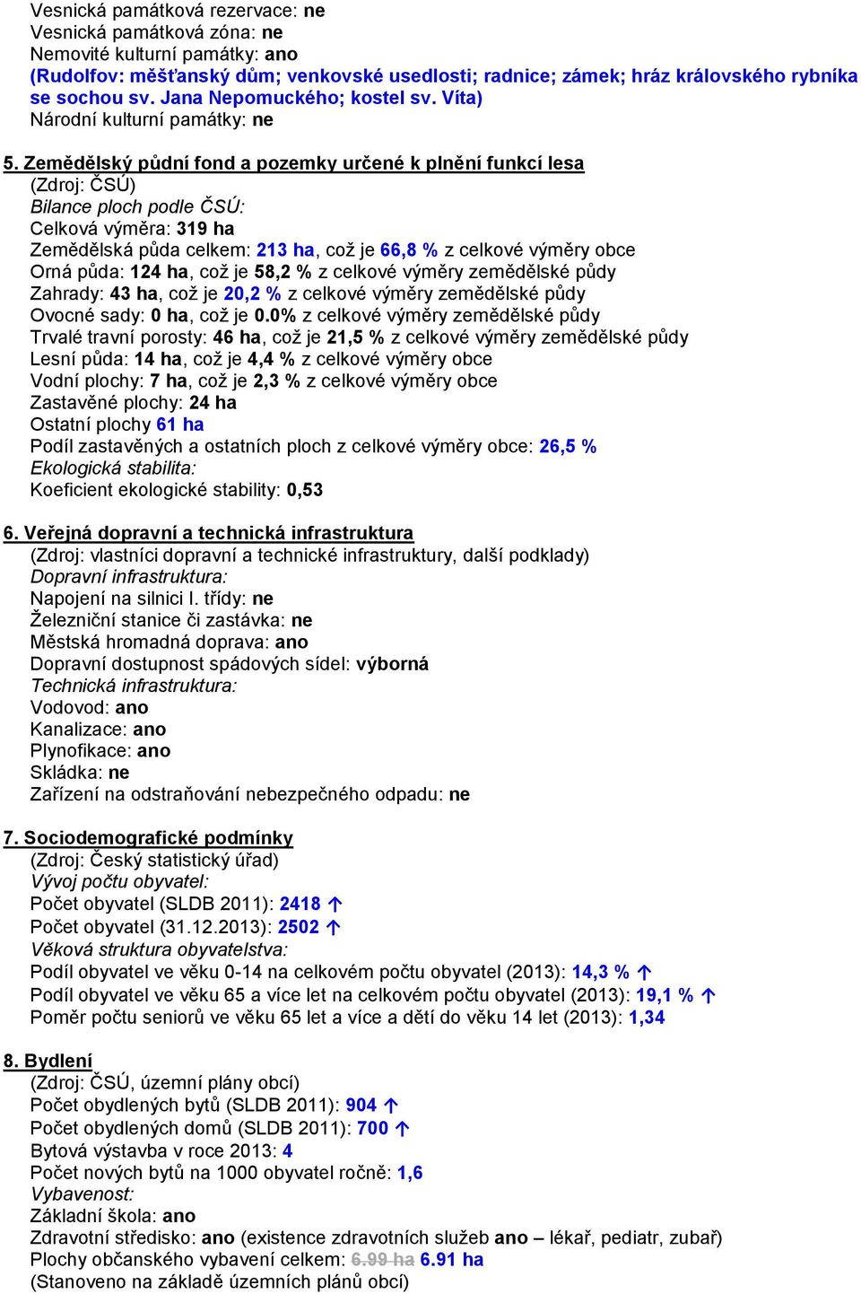 Zemědělský půdní fond a pozemky určené k plnění funkcí lesa (Zdroj: ČSÚ) Bilance ploch podle ČSÚ: Celková výměra: 319 ha Zemědělská půda celkem: 213 ha, což je 66,8 % z celkové výměry obce Orná půda: