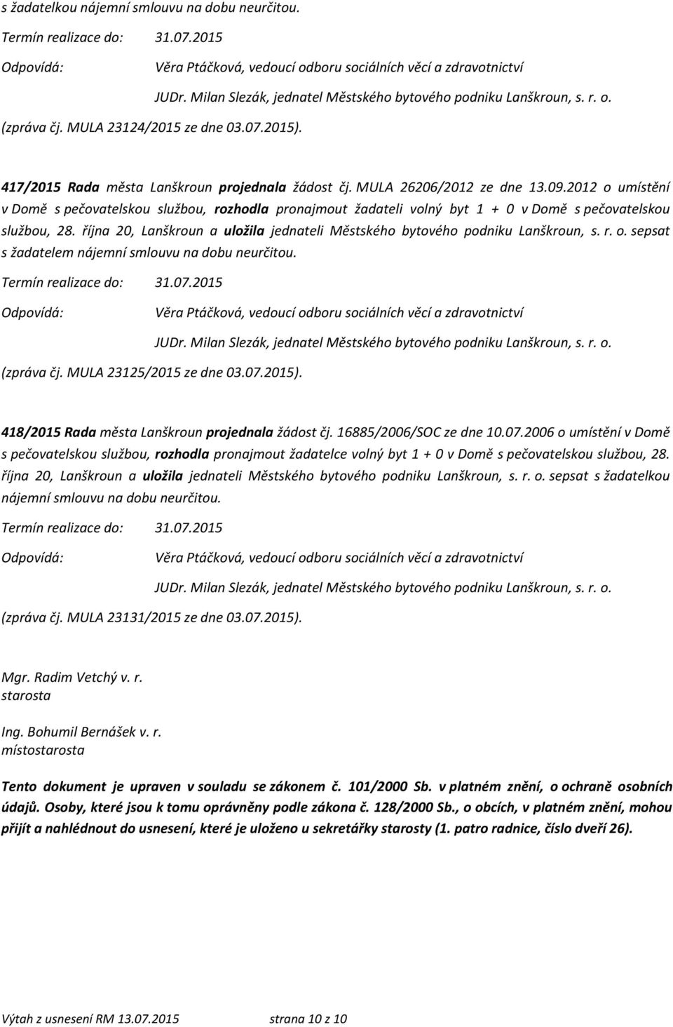 2012 o umístění v Domě s pečovatelskou službou, rozhodla pronajmout žadateli volný byt 1 + 0 v Domě s pečovatelskou službou, 28.