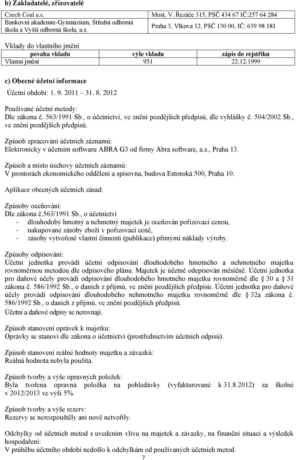 , ve znění pozdějších předpisů. Způsob zpracování účetních záznamů: Elektronicky v účetním softwaru ABRA G3 od firmy Abra software, a.s., Praha 13.