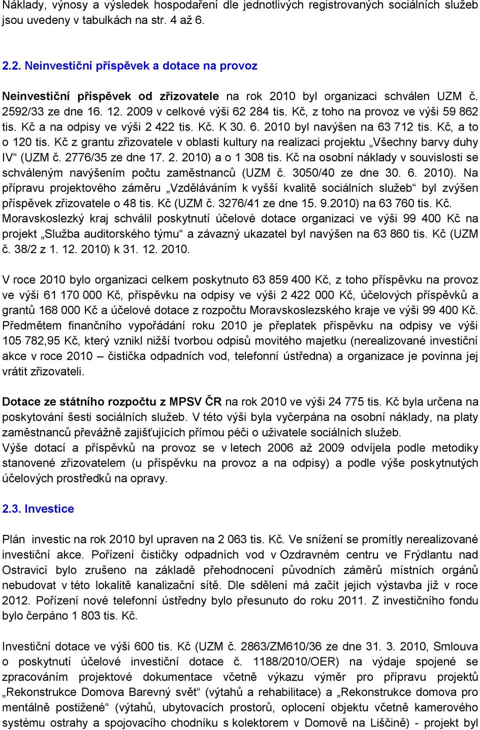 Kč, z toho na provoz ve výši 59 862 tis. Kč a na odpisy ve výši 2 422 tis. Kč. K 30. 6. 2010 byl navýšen na 63 712 tis. Kč, a to o 120 tis.