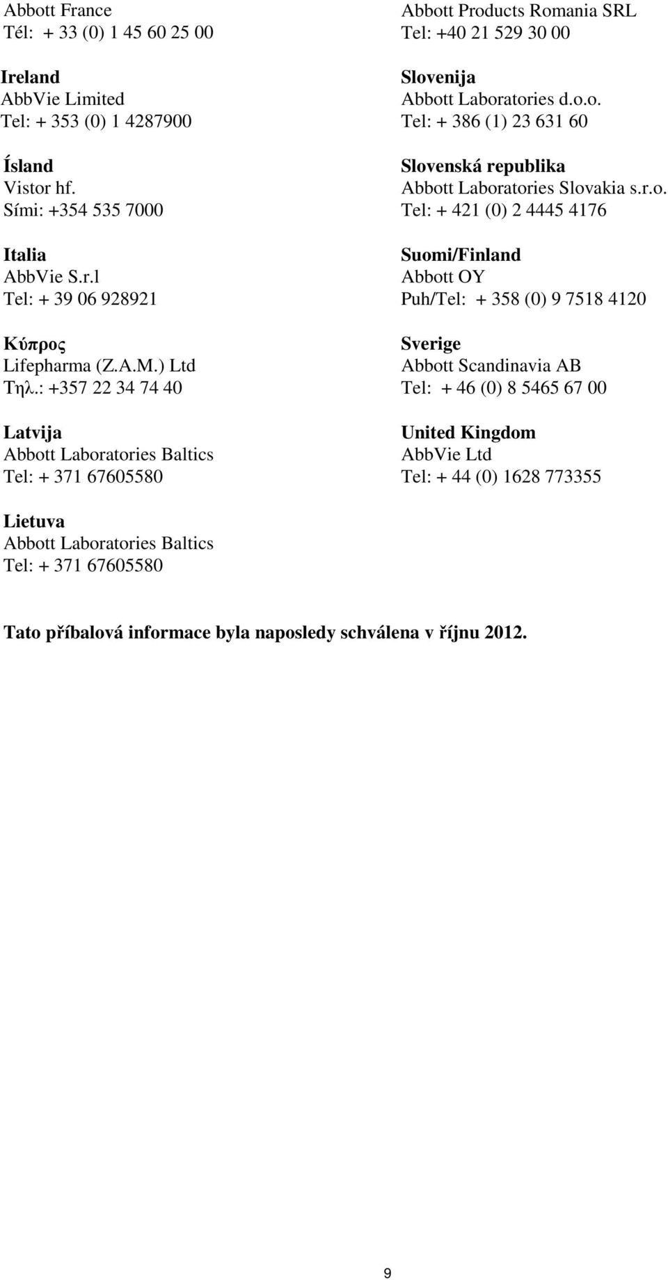 r.o. Tel: + 421 (0) 2 4445 4176 Suomi/Finland Abbott OY Puh/Tel: + 358 (0) 9 7518 4120 Sverige Abbott Scandinavia AB Tel: + 46 (0) 8 5465 67 00 United Kingdom AbbVie Ltd Tel: + 44 (0) 1628