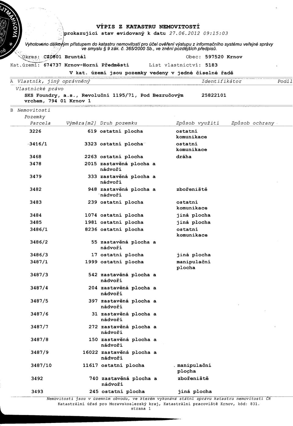 uzemT: 674737 Krnov-Horni Pfedmesti List vlastnictvi: 5183 A Vlastnlk, jiny opravneny Identifikator Podil Vlastnlcke pravo 1195/71, Pod Bezrucovym vrchem, 794 01 Krnov 1 25822101 B Nemovitosti