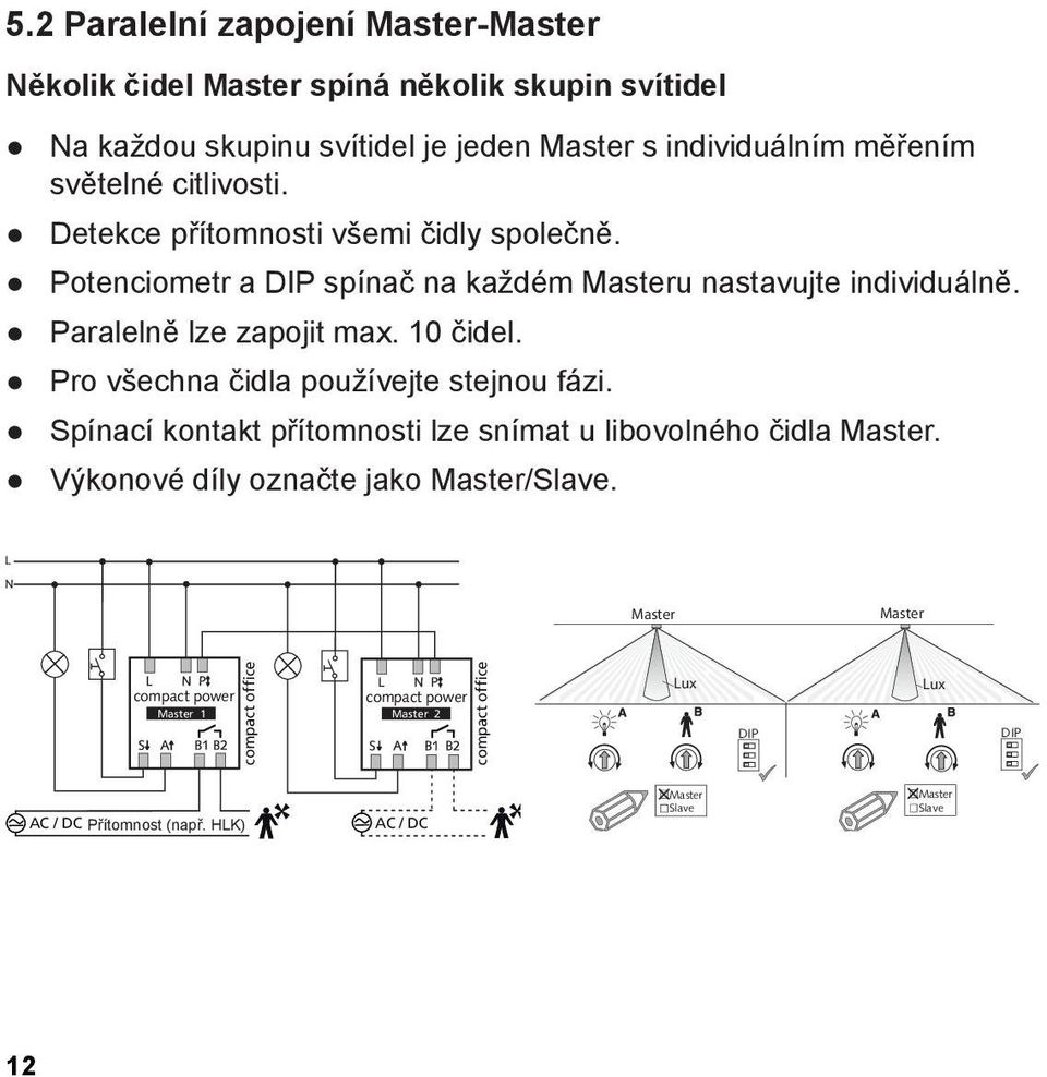 10 čidel. Pro všechna čidla používejte stejnou fázi. Spínací kontakt přítomnosti lze snímat u libovolného čidla Master. Výkonové díly označte jako Master/Slave.