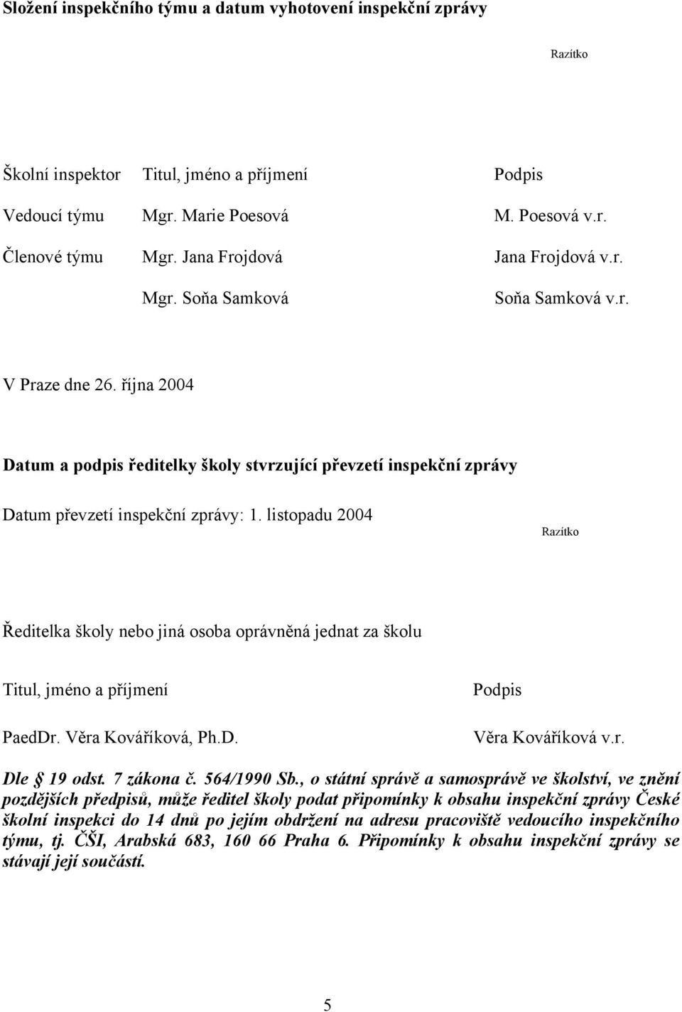 listopadu 2004 Razítko Ředitelka školy nebo jiná osoba oprávněná jednat za školu Titul, jméno a příjmení PaedDr. Věra Kováříková, Ph.D. Podpis Věra Kováříková v.r. Dle 19 odst. 7 zákona č.