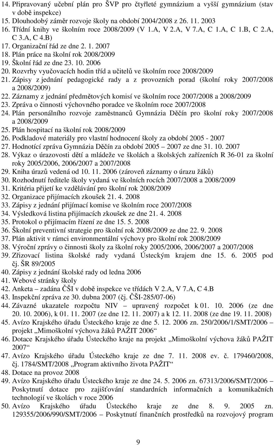 10. 2006 20. Rozvrhy vyučovacích hodin tříd a učitelů ve školním roce 2008/2009 21. Zápisy z jednání pedagogické rady a z provozních porad (školní roky 2007/2008 a 2008/2009) 22.