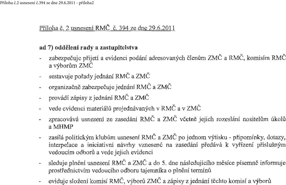 2011 ad 7) oddčlení rady a zastupitelstva zabezpečuje přijetí a evidenci podání adresovaných členům ZMČ a RMČ, komisím RMČ a výborům ZMČ sestavuje pořady jednání RMČ a ZMČ organizačně zabezp ečuje