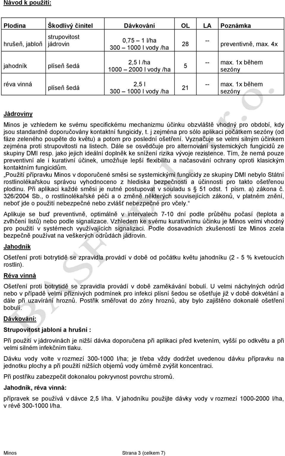 1x během sezóny Jádroviny Minos je vzhledem ke svému specifickému mechanizmu účinku obzvláště vhodný pro období, kdy jsou standardně doporučovány kontaktní fungicidy, t.