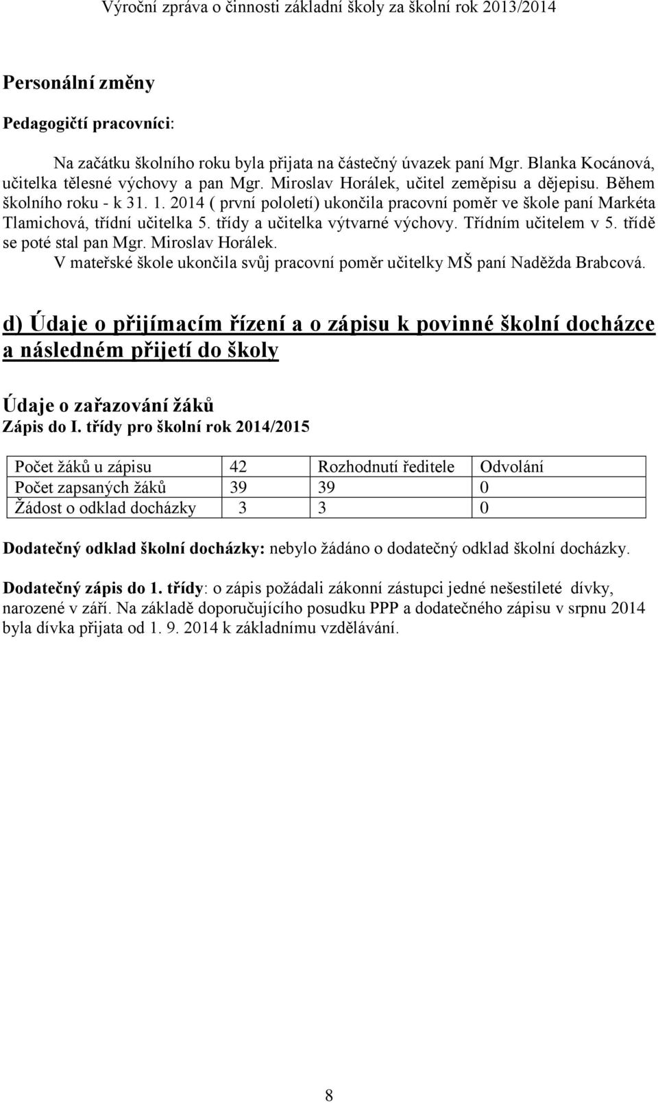 třídy a učitelka výtvarné výchovy. Třídním učitelem v 5. třídě se poté stal pan Mgr. Miroslav Horálek. V mateřské škole ukončila svůj pracovní poměr učitelky MŠ paní Naděžda Brabcová.