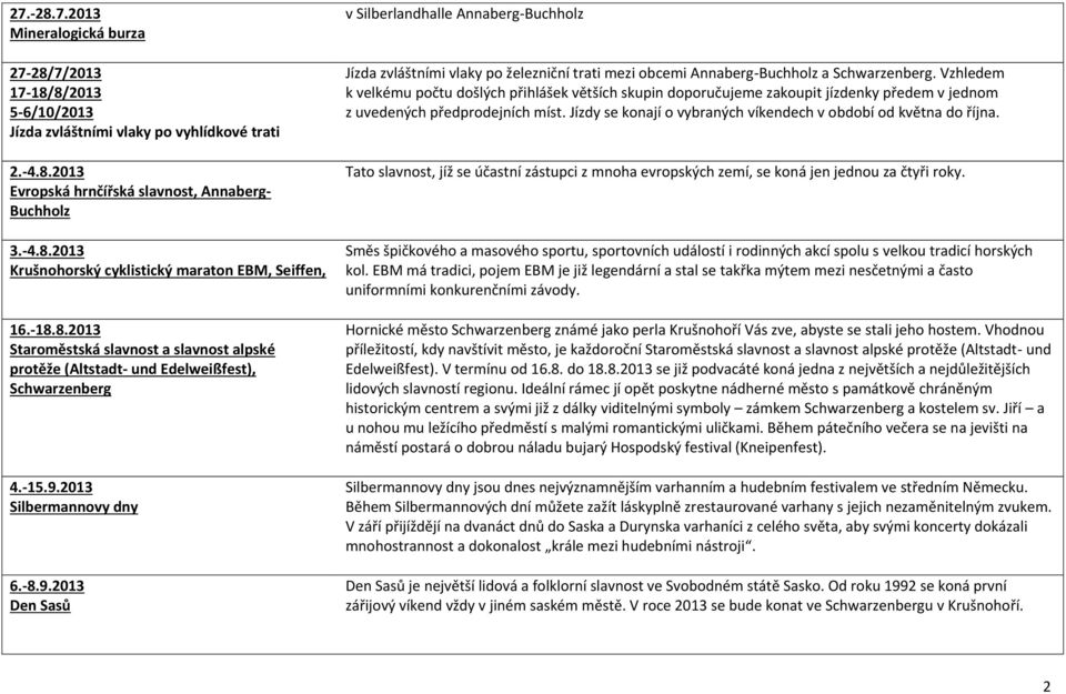 2013 Silbermannovy dny 6.-8.9.2013 Den Sasů v Silberlandhalle Annaberg-Buchholz Jízda zvláštními vlaky po železniční trati mezi obcemi Annaberg-Buchholz a Schwarzenberg.