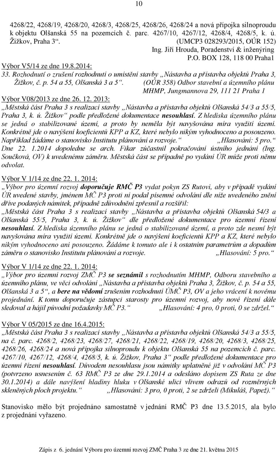 Rozhodnutí o zrušení rozhodnutí o umístění stavby Nástavba a přístavba objektů Praha 3, Žižkov, č. p. 54 a 55, Olšanská 3 a 5.