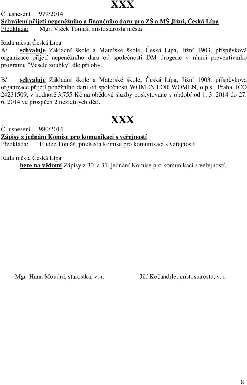 B/ schvaluje Základní škole a Mateřské škole, Česká Lípa, Jižní 1903, příspěvková organizace přijetí peněžního daru od společnosti WOMEN FOR WOMEN, o.p.s., Praha, IČO 24231509, v hodnotě 3.