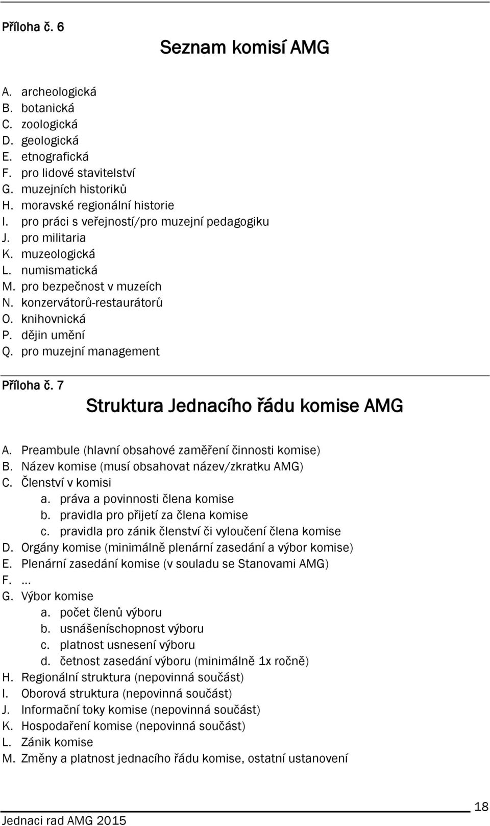 pro muzejní management Příloha č. 7 Struktura Jednacího řádu komise AMG A. Preambule (hlavní obsahové zaměření činnosti komise) B. Název komise (musí obsahovat název/zkratku AMG) C.