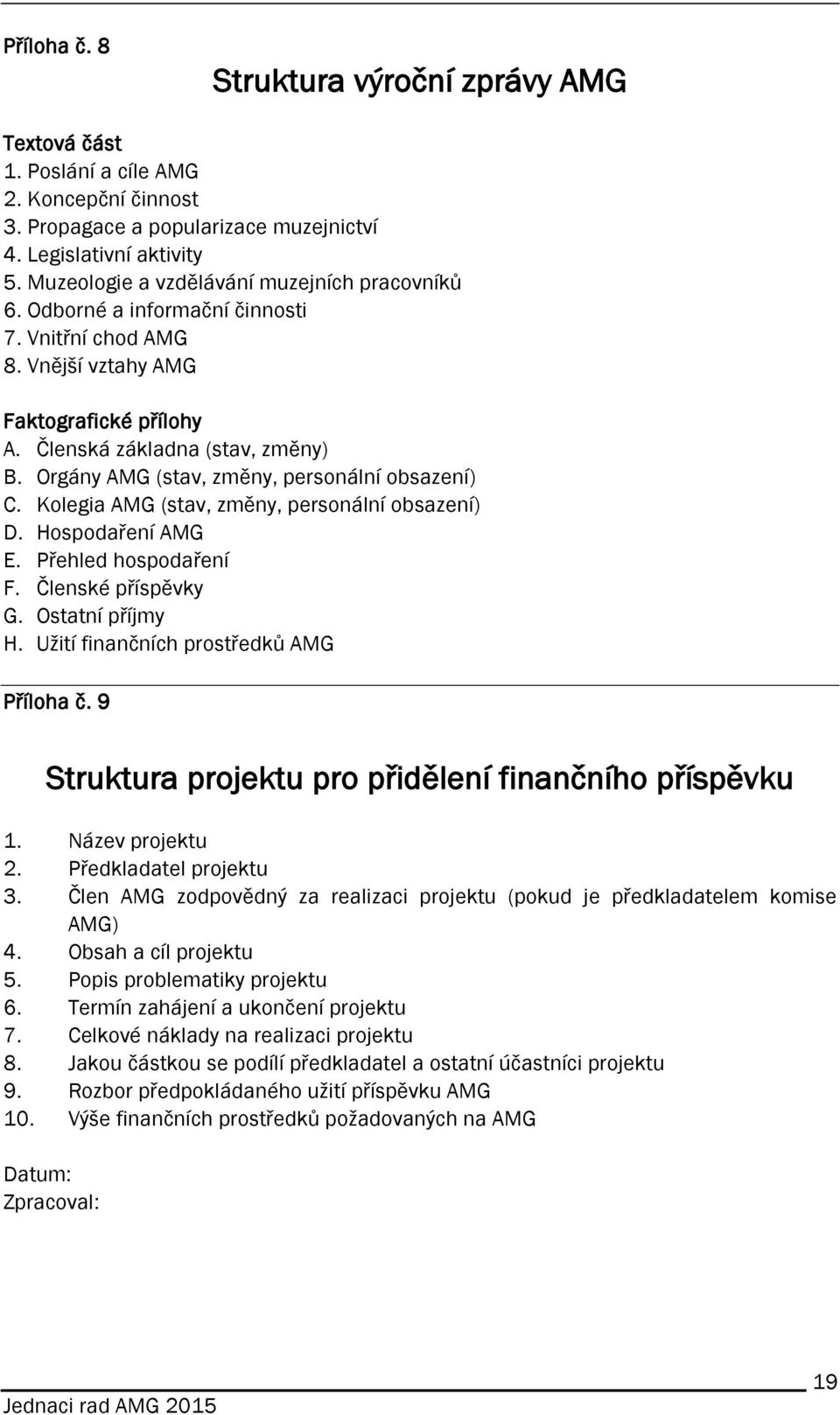 Orgány AMG (stav, změny, personální obsazení) C. Kolegia AMG (stav, změny, personální obsazení) D. Hospodaření AMG E. Přehled hospodaření F. Členské příspěvky G. Ostatní příjmy H.