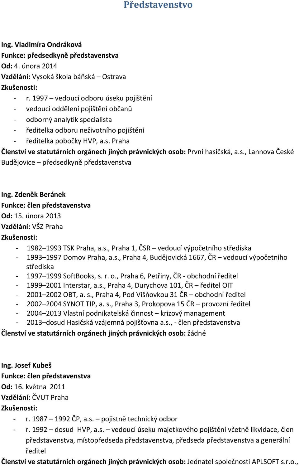 s., Lannova České Budějovice předsedkyně představenstva Ing. Zdeněk Beránek Funkce: člen představenstva Od: 15. února 2013 Vzdělání: VŠZ Praha Zkušenosti: 1982 1993 TSK Praha, a.s., Praha 1, ČSR vedoucí výpočetního střediska 1993 1997 Domov Praha, a.