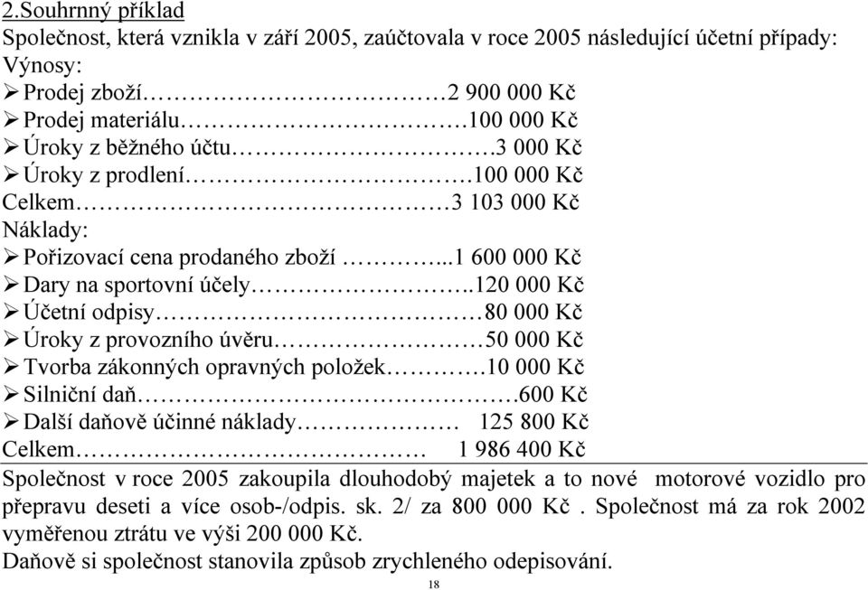 .120 000 Kč Účetní odpisy 80 000 Kč Úroky z provozního úvěru 50 000 Kč Tvorba zákonných opravných položek.10 000 Kč Silniční daň.