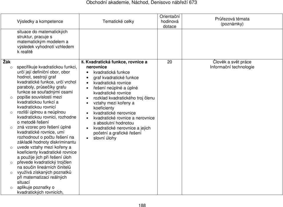 rovnici, rozhodne o metodě řešení o zná vzorec pro řešení úplné kvadratické rovnice, umí rozhodnout o počtu řešení na základě hodnoty diskriminantu o uvede vztahy mezi kořeny a koeficienty