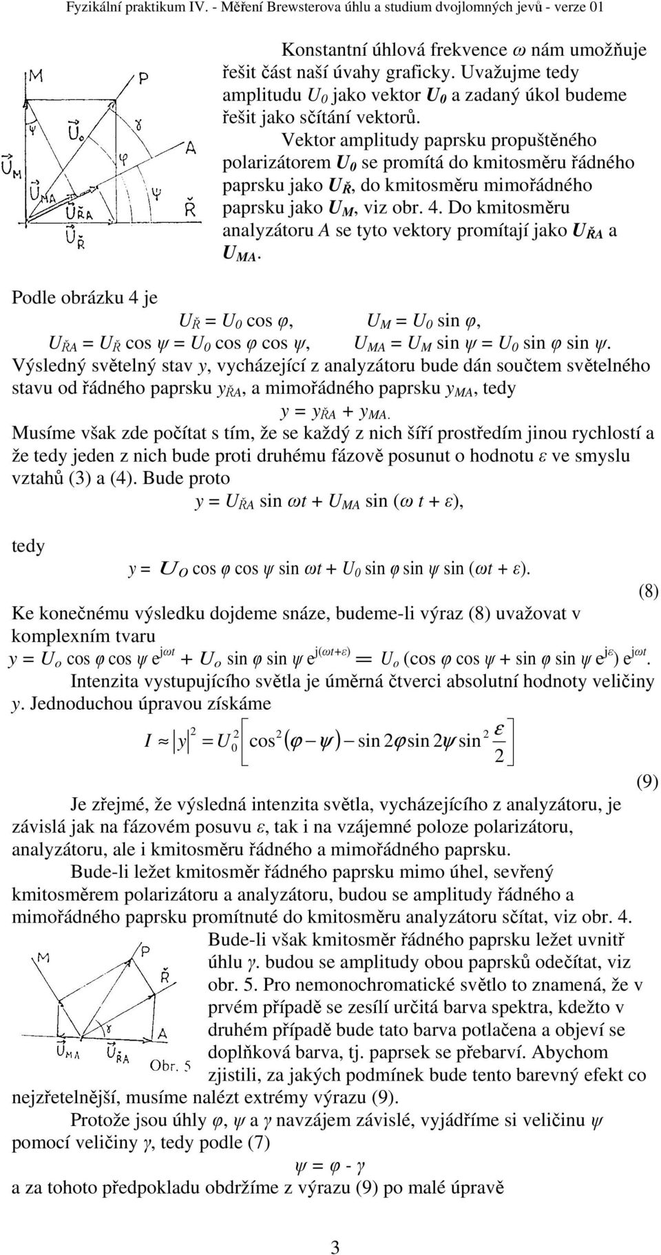 Do kmitosměru analyzátoru A se tyto vektory promítají jako U ŘA a U MA. Podle obrázku 4 je U Ř = U 0 cos φ, U M = U 0 sin φ, U ŘA = U Ř cos ψ = U 0 cos φ cos ψ, U MA = U M sin ψ = U 0 sin φ sin ψ.