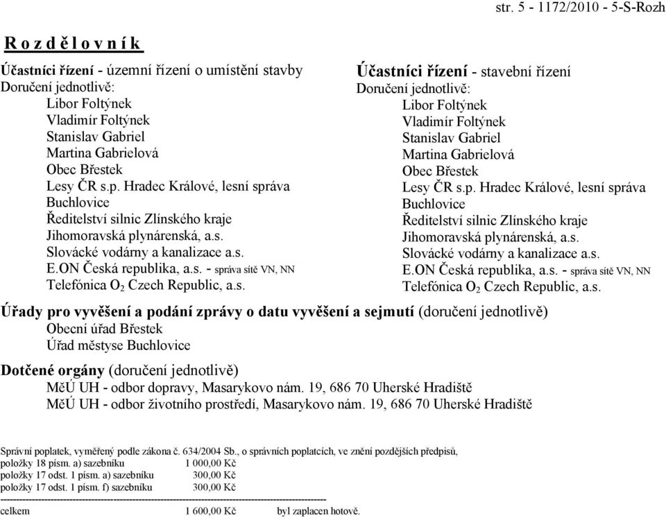 s. str. 5-1172/2010-5-S-Rozh Účastníci řízení - stavební řízení Doručení jednotlivě: Libor Foltýnek Vladimír Foltýnek Stanislav Gabriel Martina Gabrielová Obec Břestek Lesy ČR s.p. s. Úřady pro