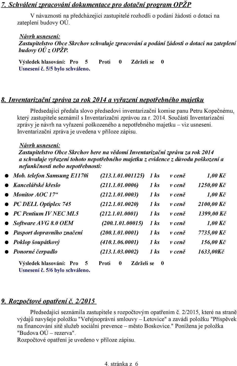 Inventarizační zpráva za rok 2014 a vyřazení nepotřebného majetku Předsedající předala slovo předsedovi inventarizační komise panu Petru Kopečnému, který zastupitele seznámil s Inventarizační zprávou