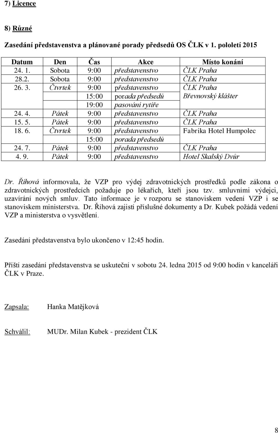 Čtvrtek 9:00 představenstvo Fabrika Hotel Humpolec 15:00 porada předsedů 24. 7. Pátek 9:00 představenstvo ČLK Praha 4. 9. Pátek 9:00 představenstvo Hotel Skalský Dvůr Dr.