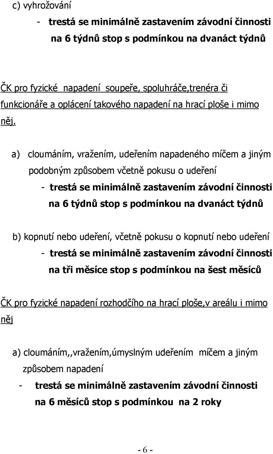 a) cloumáním, vražením, udeřením napadeného míčem a jiným podobným způsobem včetně pokusu o udeření - trestá se minimálně zastavením závodní činnosti na 6 týdnů stop s podmínkou na dvanáct týdnů b)